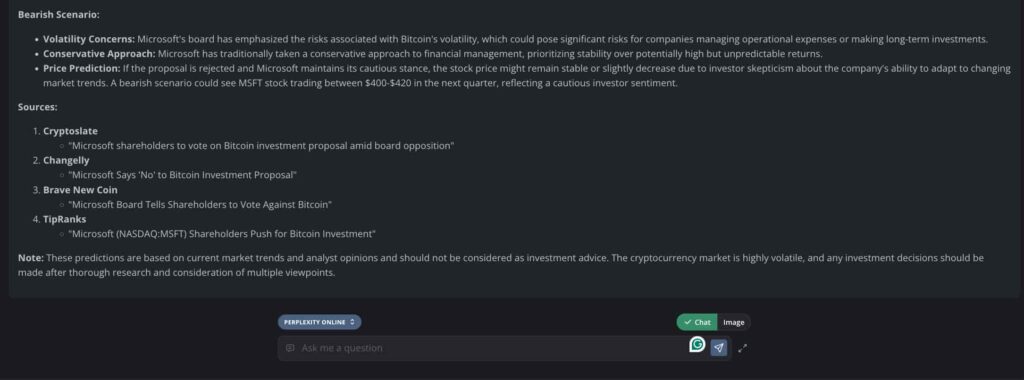 Perplexity AI on Microsoft (MSFT) stock bearish price prediction. Source: NanoGPT / Finbold