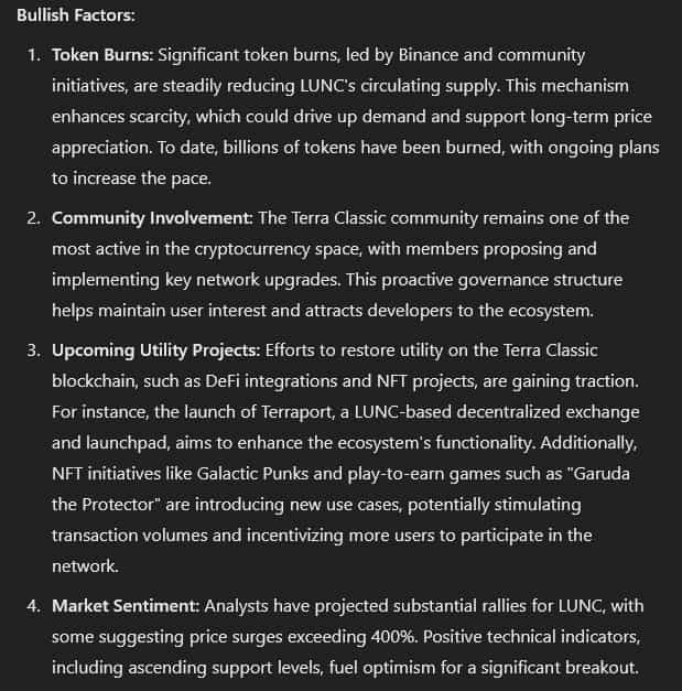 Bullish factors for LUNC outlined by ChatGPT-4o. Source: OpenAI