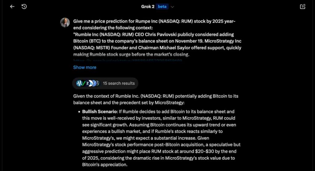 Rumble bullish stock price prediction following MicroStrategy’s Bitcoin steps. Source: Grok 2 / Finbold / @vinibarbosabr 