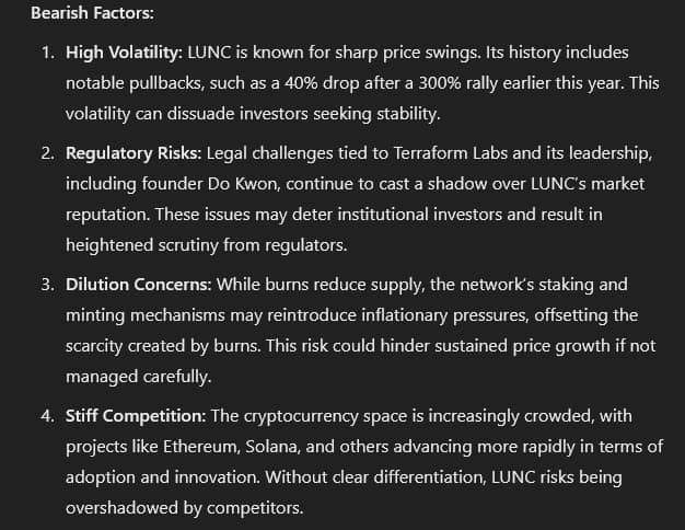 Bearish factors for LUNC outlined by ChatGPT-4o. Source: OpenAI