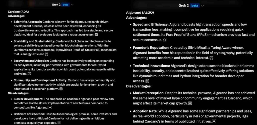 Grok 2 beta on Cardano and Algorand advantages and disadvantages. Source: X / Finbold