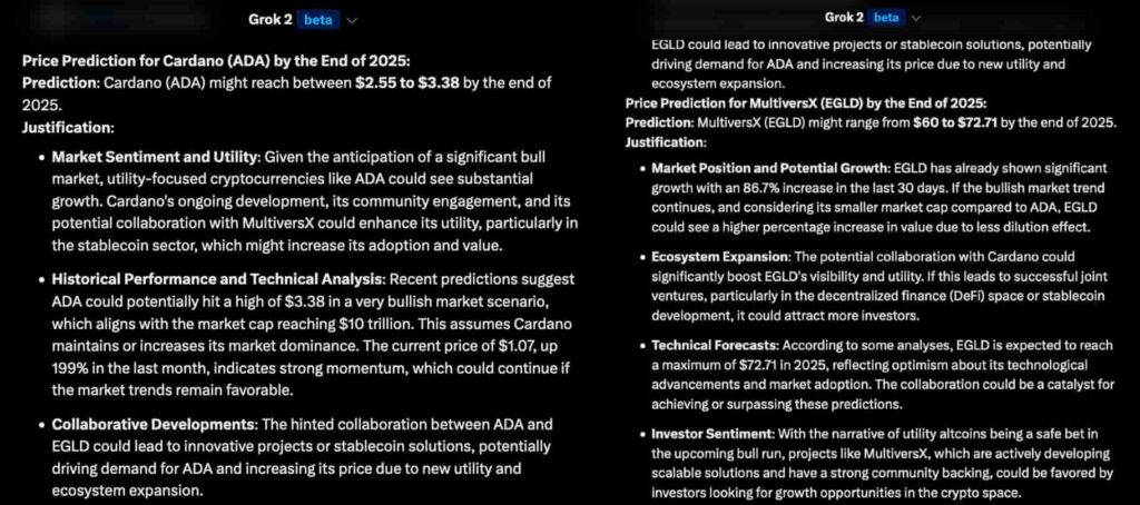 AI price prediction on ADA and EGLD in the context of a Cardano-MultiversX collab. Source: Grok / Finbold 