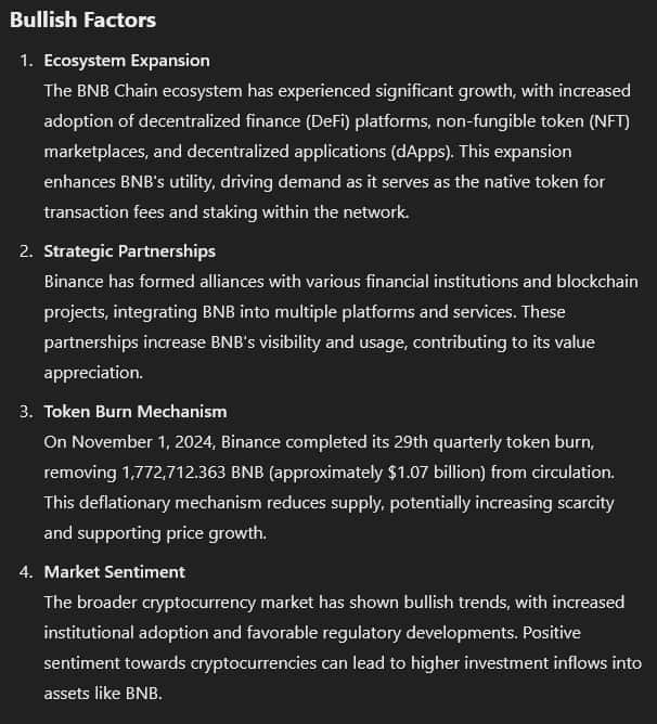 Bullish factors that could impact BNB prices. Source: OpenAI