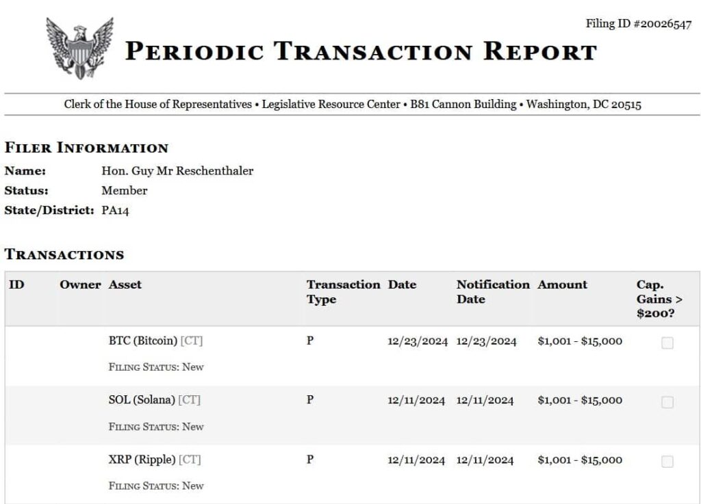 Periodic transaction report detailing Reschenthaler's purchase of XRP. Source: Clerk of the House of Representatives