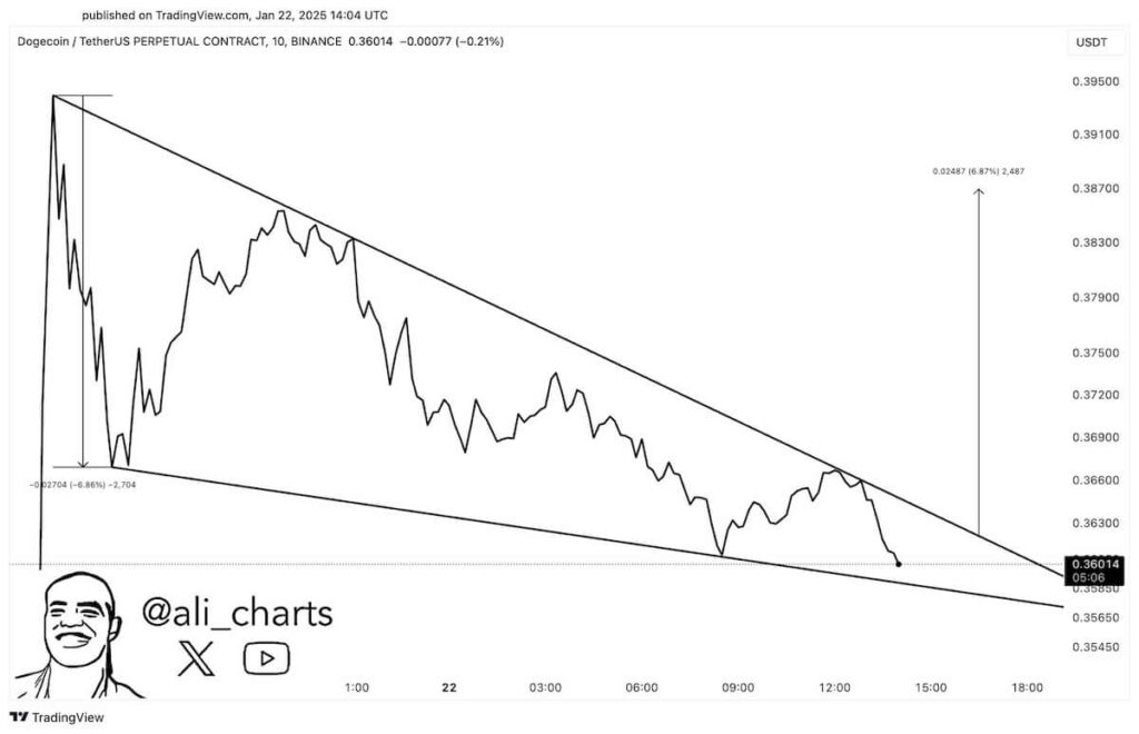 DOGE price chart with falling wedge pattern