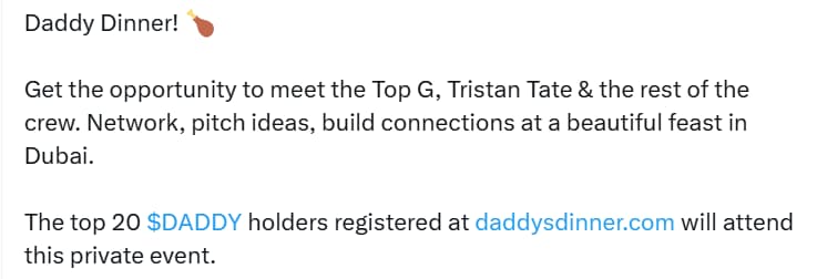 X post promoting an alleged DADDY-based dinner with the Tate Brothers.