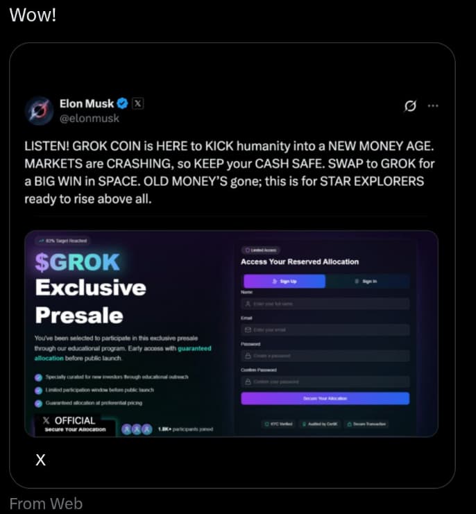 An X post alleging that Elon Musk is promoting a cryptocurrency.