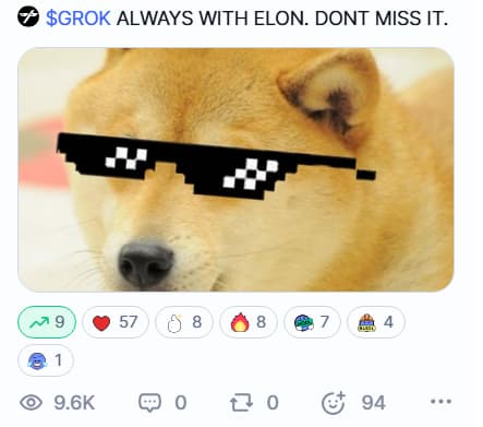 A vague comment implying a link between a GROK meme coin, Elon Musk, and DOGE.